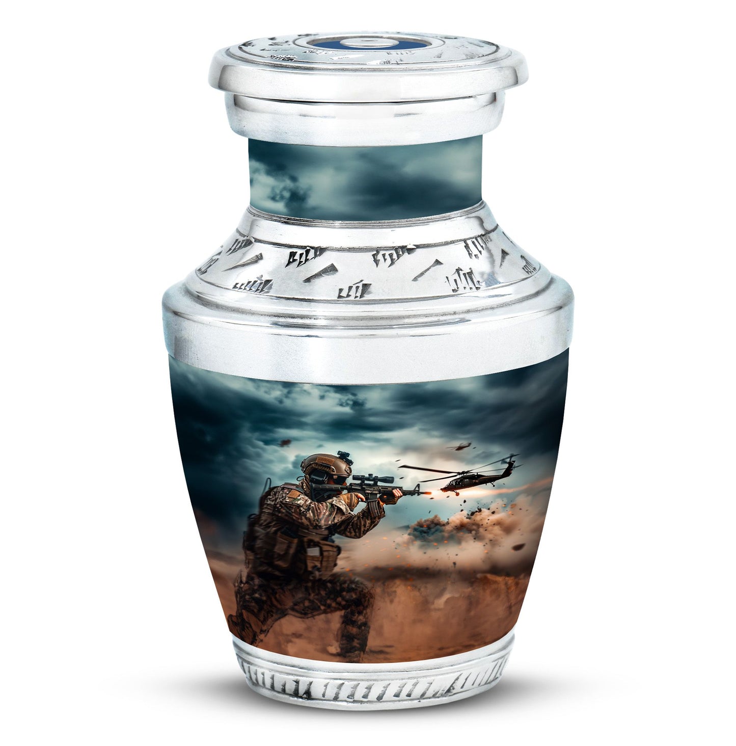 Military Urn for Human Ashes with Soldier and Helicopter Scene, Memorial Urn