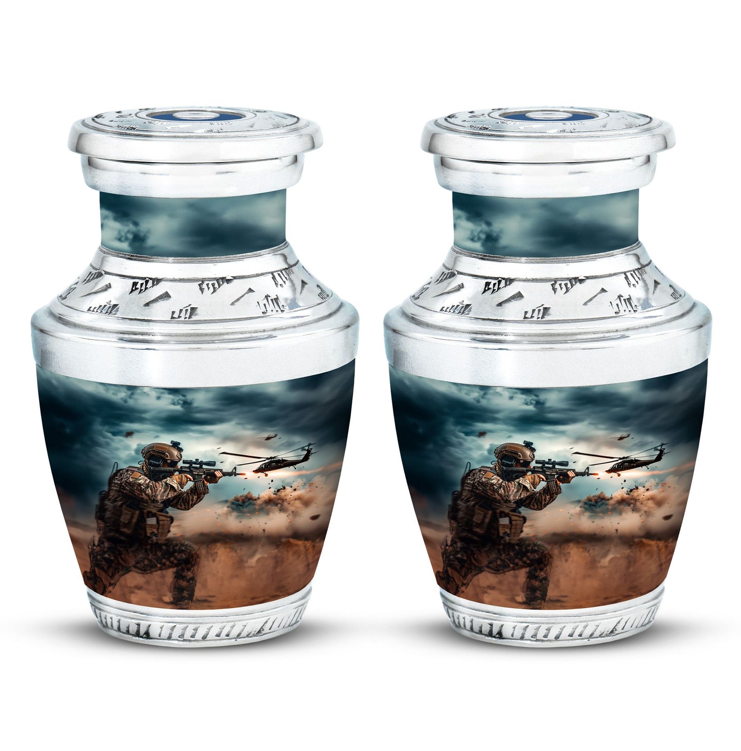 Military Urn for Human Ashes with Soldier and Helicopter Scene, Memorial Urn