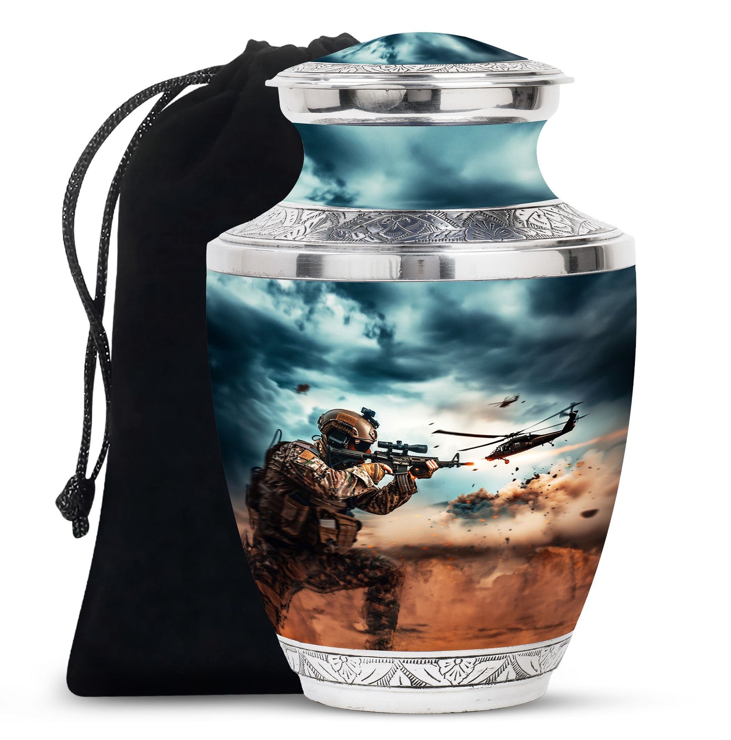Military Urn for Human Ashes with Soldier and Helicopter Scene, Memorial Urn