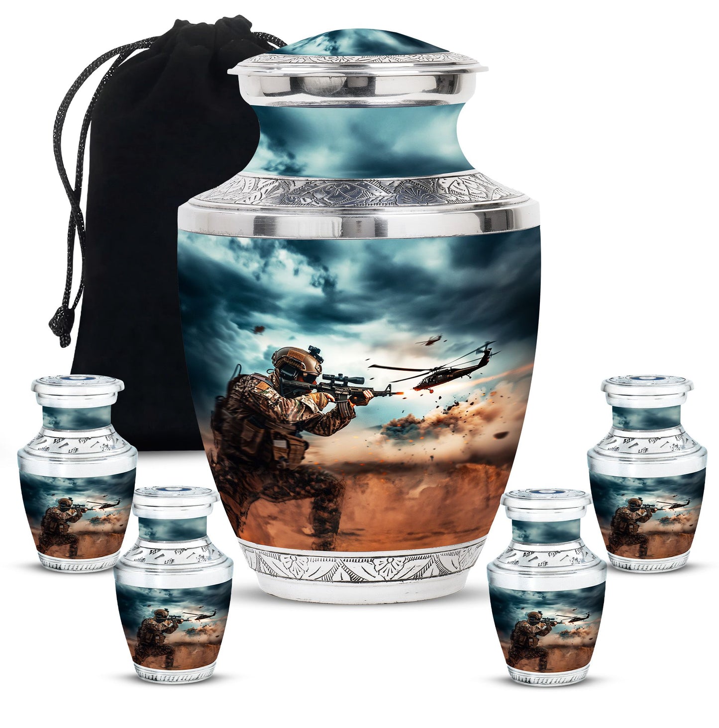 Military Urn for Human Ashes with Soldier and Helicopter Scene, Memorial Urn
