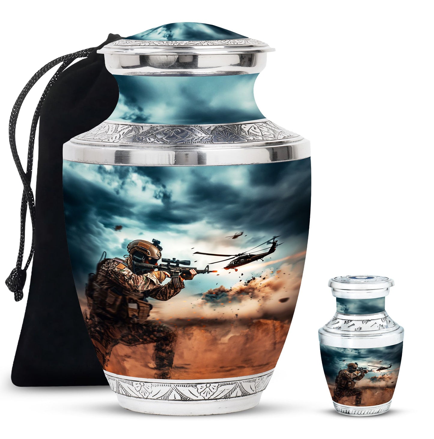 Military Urn for Human Ashes with Soldier and Helicopter Scene, Memorial Urn