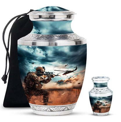 Military Urn for Human Ashes with Soldier and Helicopter Scene, Memorial Urn