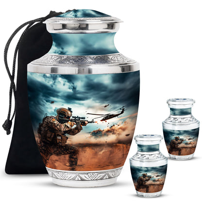 Military Urn for Human Ashes with Soldier and Helicopter Scene, Memorial Urn