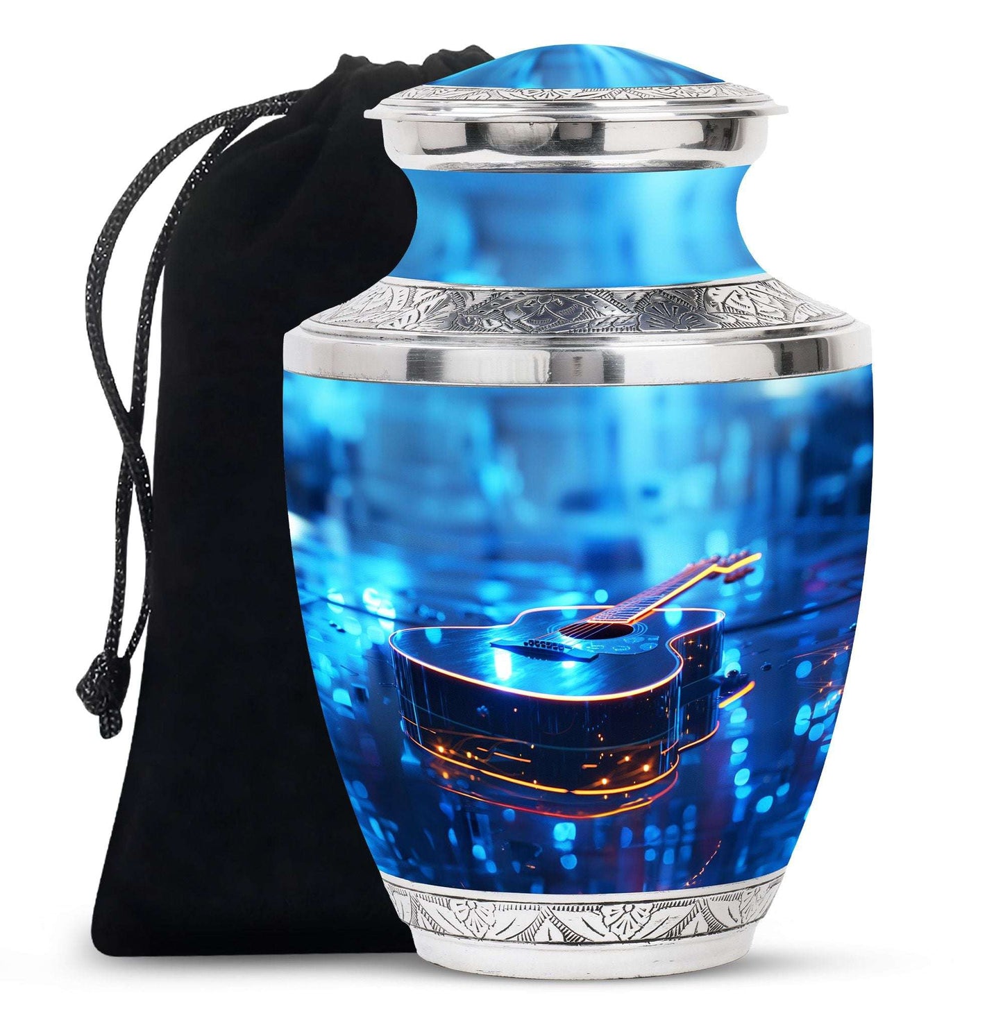 Blue Guitar Urn for Human Ashes – Neon Blue Decorative Urn Keepsake