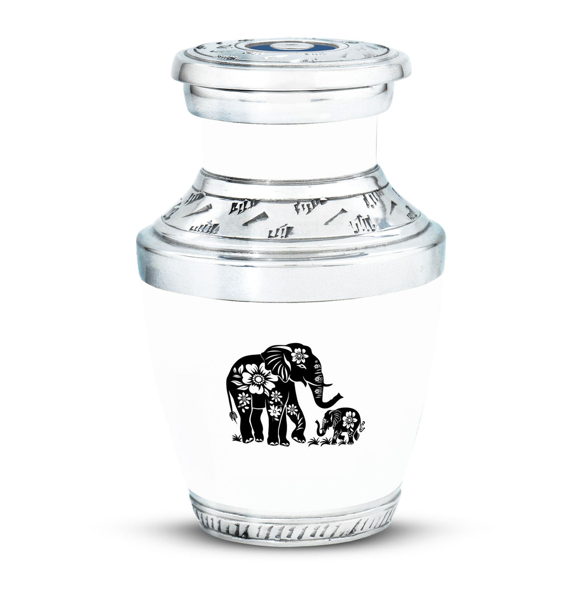 Elephant Urn for Human Ashes, White Urn with Black Floral Elephant and Calf, Memorial Urn