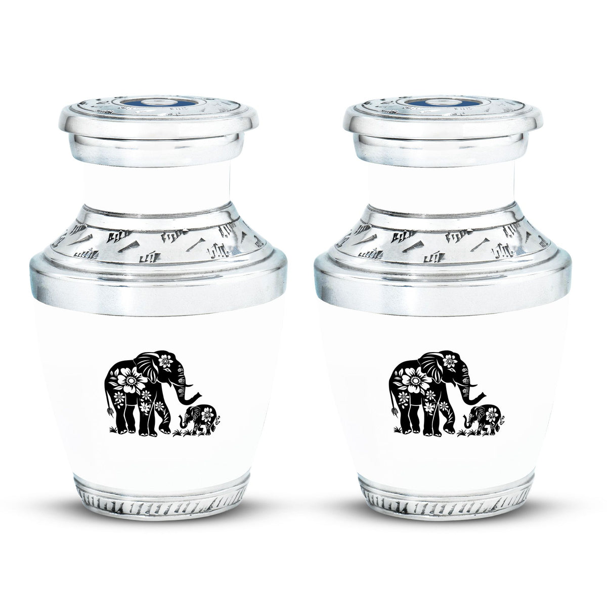 Elephant Urn for Human Ashes, White Urn with Black Floral Elephant and Calf, Memorial Urn