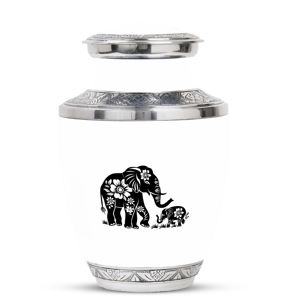 Elephant Urn for Human Ashes, White Urn with Black Floral Elephant and Calf, Memorial Urn