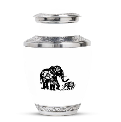 Elephant Urn for Human Ashes, White Urn with Black Floral Elephant and Calf, Memorial Urn