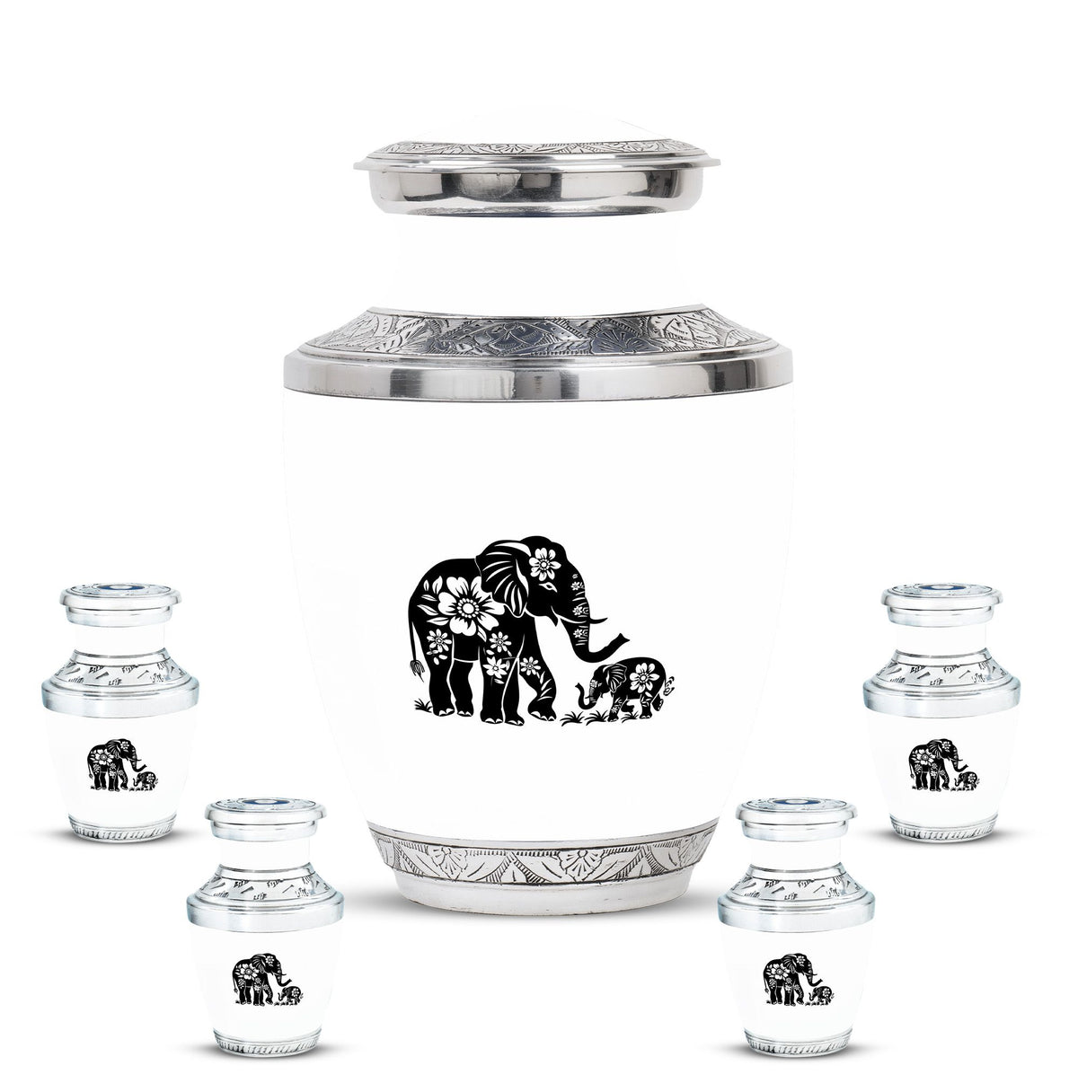 Elephant Urn for Human Ashes, White Urn with Black Floral Elephant and Calf, Memorial Urn