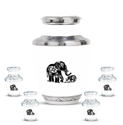 Elephant Urn for Human Ashes, White Urn with Black Floral Elephant and Calf, Memorial Urn