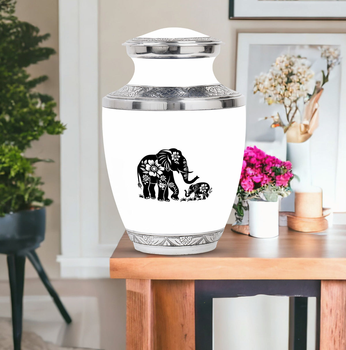 Elephant Urn for Human Ashes, White Urn with Black Floral Elephant and Calf, Memorial Urn