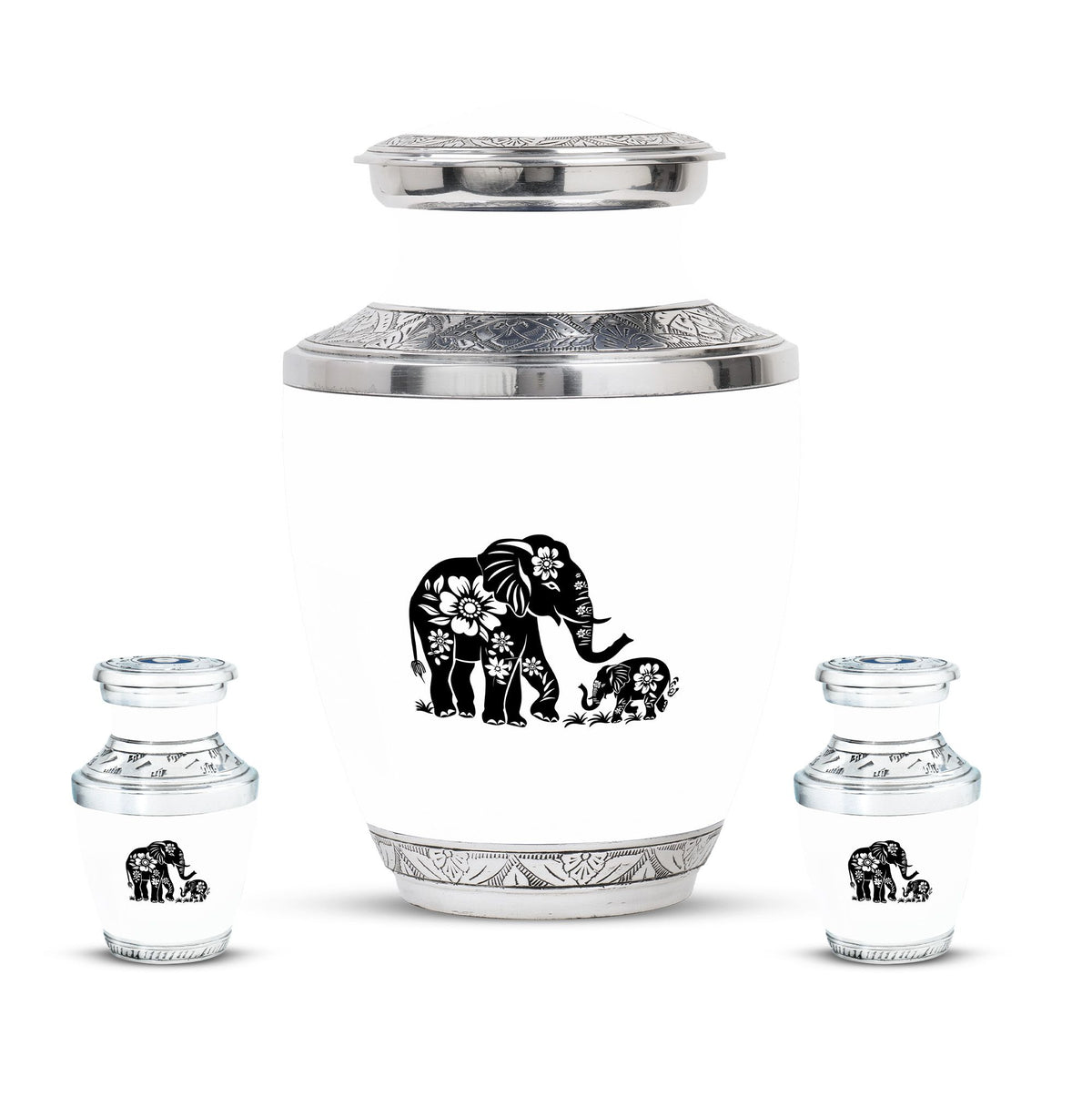 Elephant Urn for Human Ashes, White Urn with Black Floral Elephant and Calf, Memorial Urn