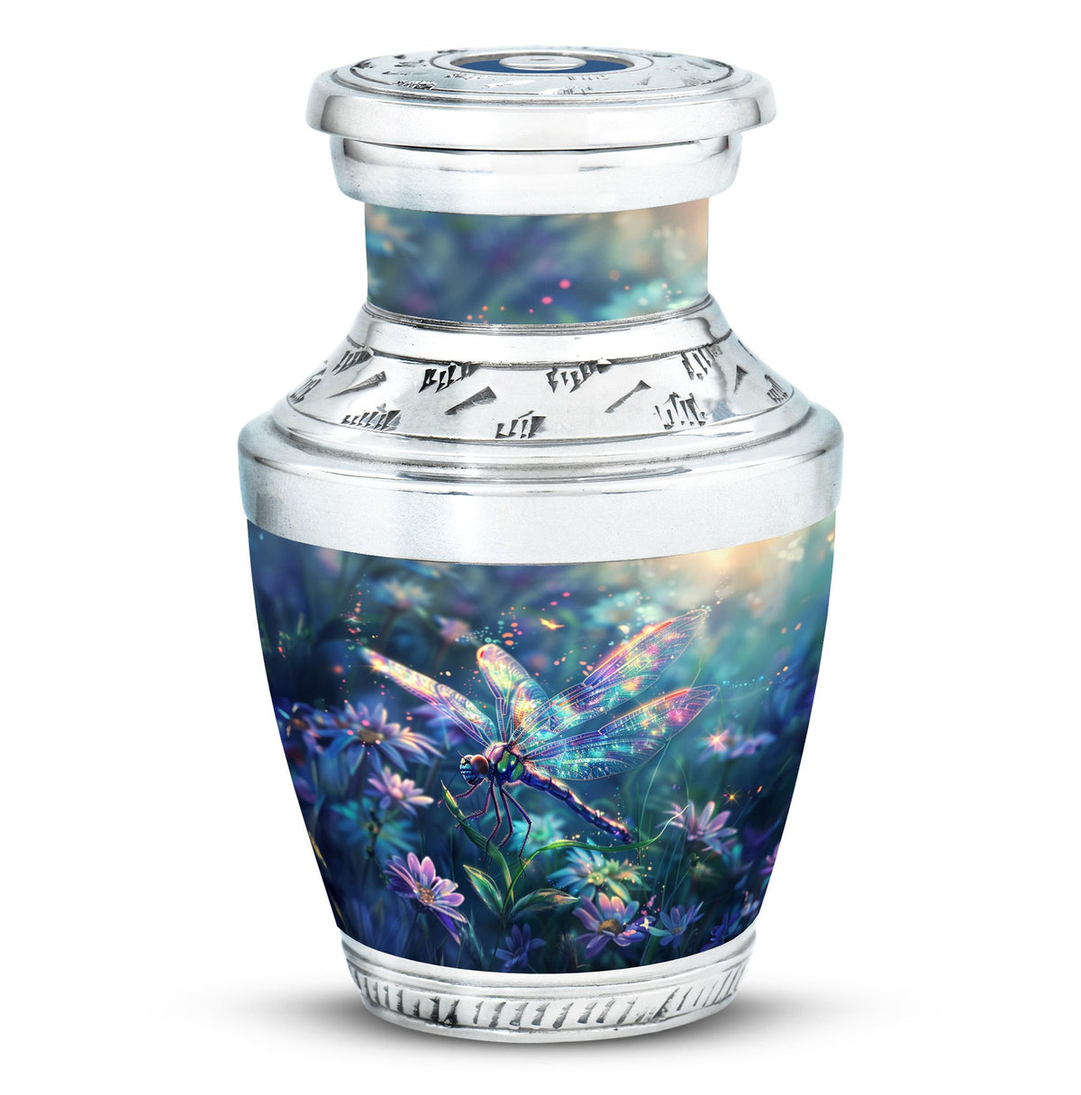 Dragonfly Urn for Human Ashes, Iridescent Among Spring Wildflowers, Classic Memorial Urn