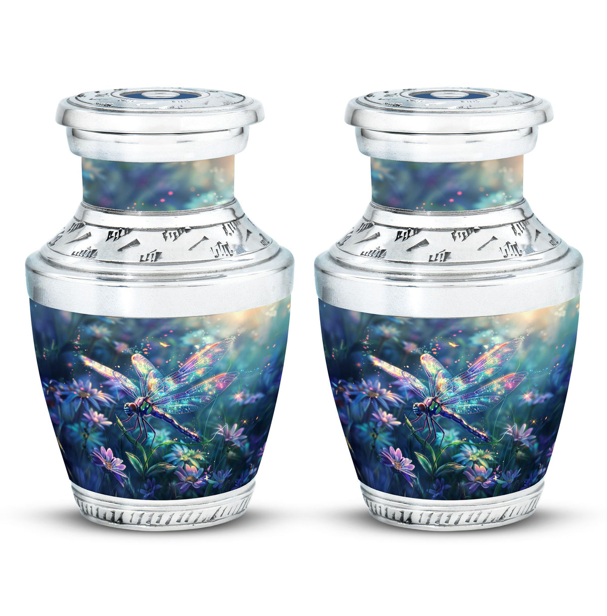 Dragonfly Urn for Human Ashes, Iridescent Among Spring Wildflowers, Classic Memorial Urn