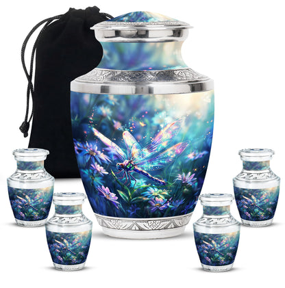 Dragonfly Urn for Human Ashes, Iridescent Among Spring Wildflowers, Classic Memorial Urn