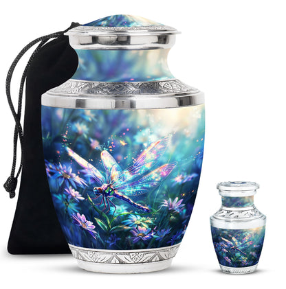 Dragonfly Urn for Human Ashes, Iridescent Among Spring Wildflowers, Classic Memorial Urn