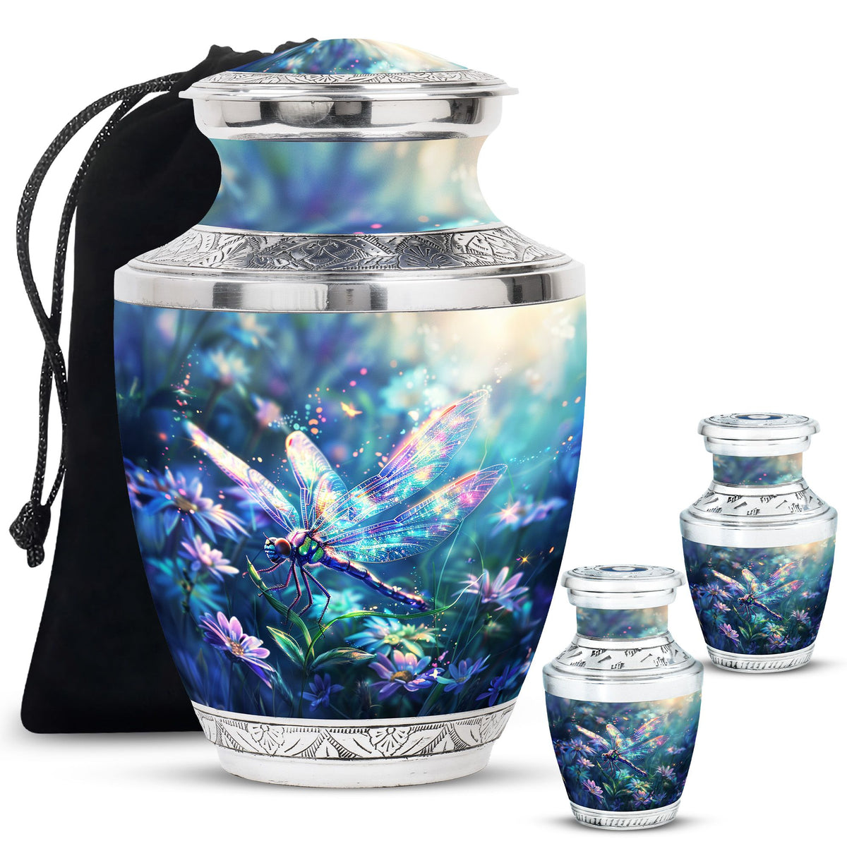 Dragonfly Urn for Human Ashes, Iridescent Among Spring Wildflowers, Classic Memorial Urn