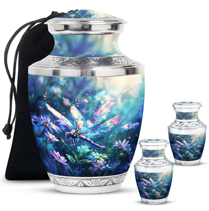 Dragonfly Urn for Human Ashes, Iridescent Among Spring Wildflowers, Classic Memorial Urn