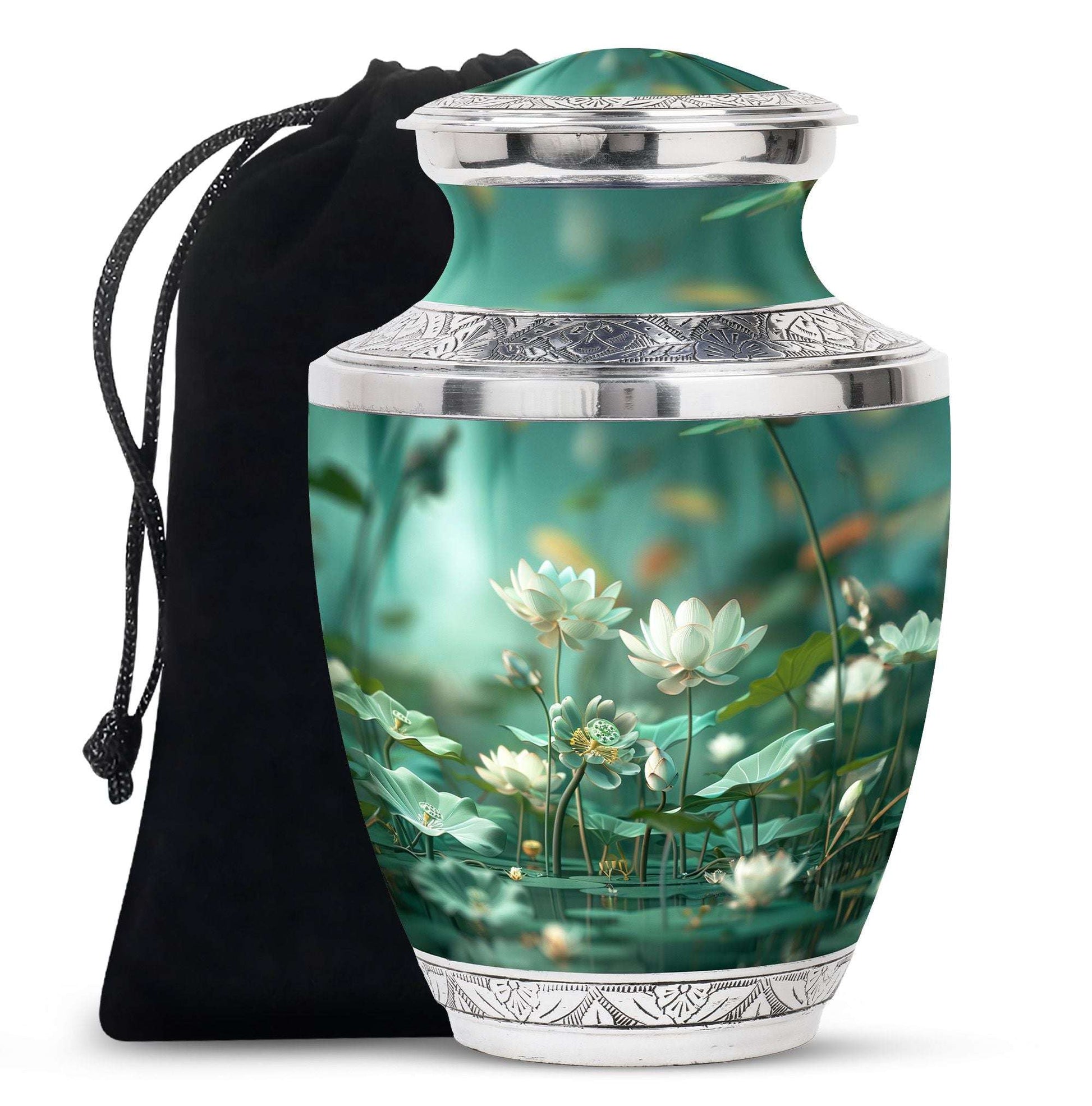 Lotus Cremation Urn for Women – Green Floral Funeral Urn For Ashes Female