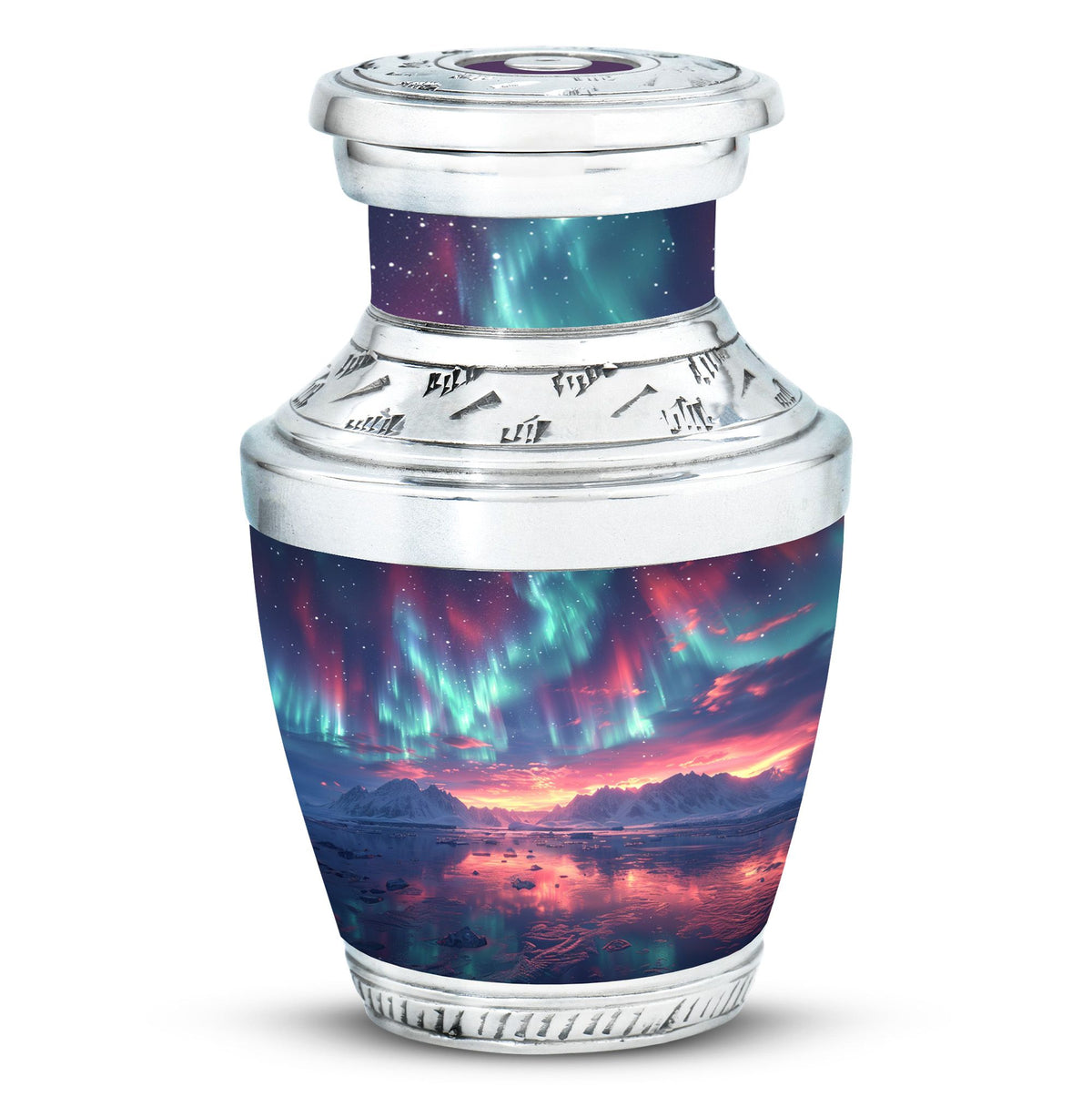 Aurora Borealis Urn for Human Ashes, over Sunset Mountains and Water, Cremation Urn