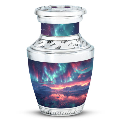 Aurora Borealis Urn for Human Ashes, over Sunset Mountains and Water, Cremation Urn