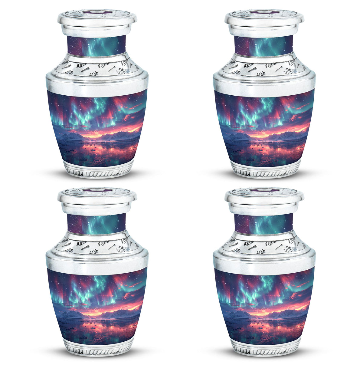 Aurora Borealis Urn for Human Ashes, over Sunset Mountains and Water, Cremation Urn