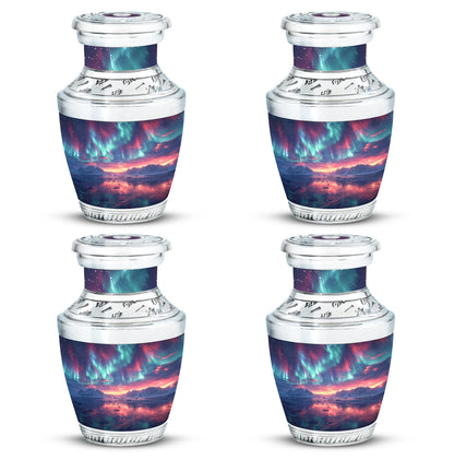 Aurora Borealis Urn for Human Ashes, over Sunset Mountains and Water, Cremation Urn