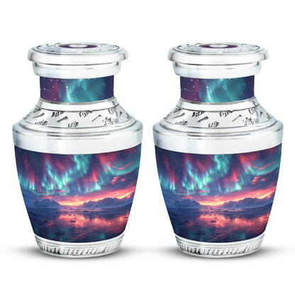 Aurora Borealis Urn for Human Ashes, over Sunset Mountains and Water, Cremation Urn