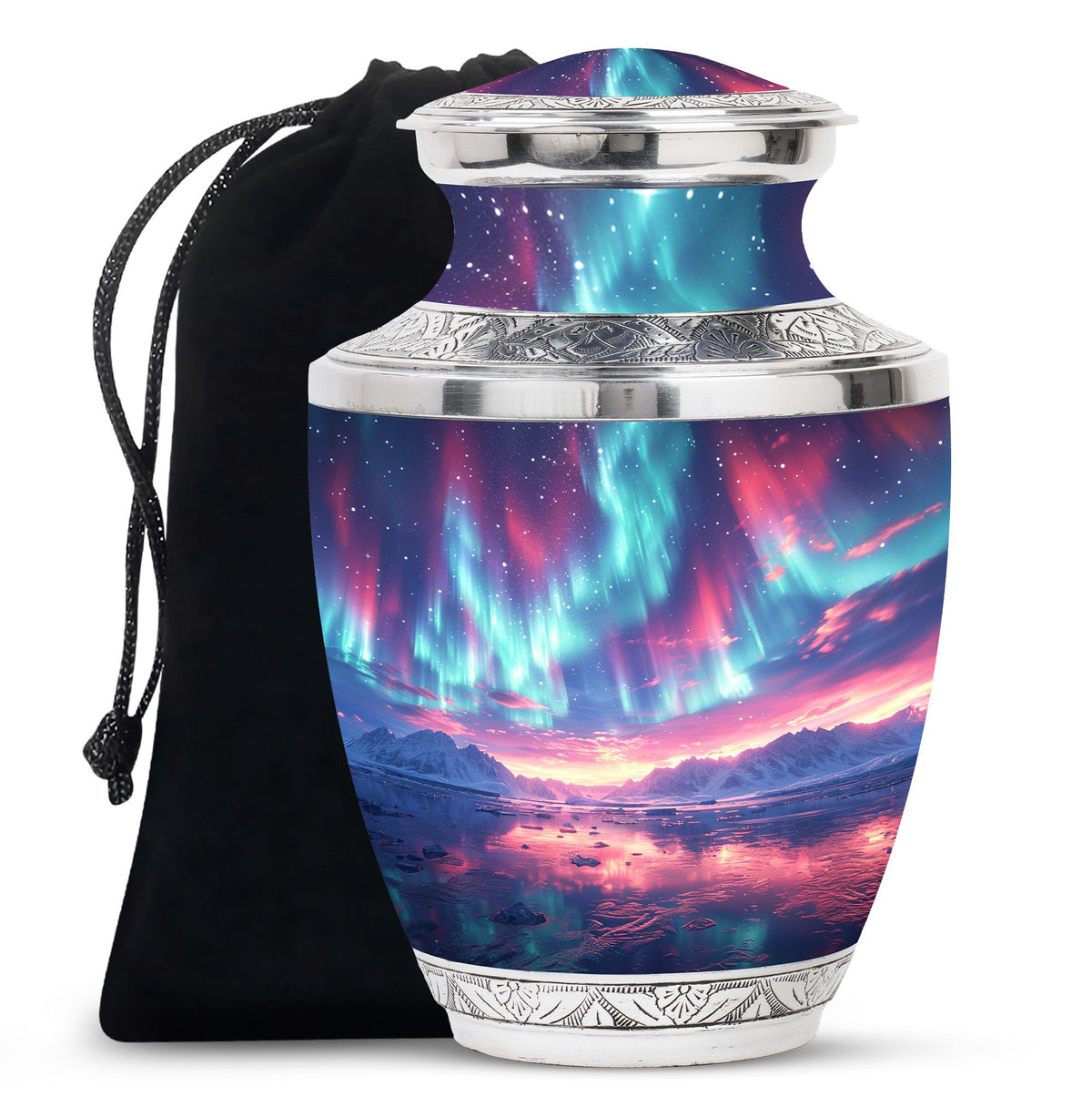 Aurora Borealis Urn for Human Ashes, over Sunset Mountains and Water, Cremation Urn