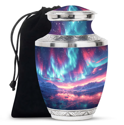 Aurora Borealis Urn for Human Ashes, over Sunset Mountains and Water, Cremation Urn