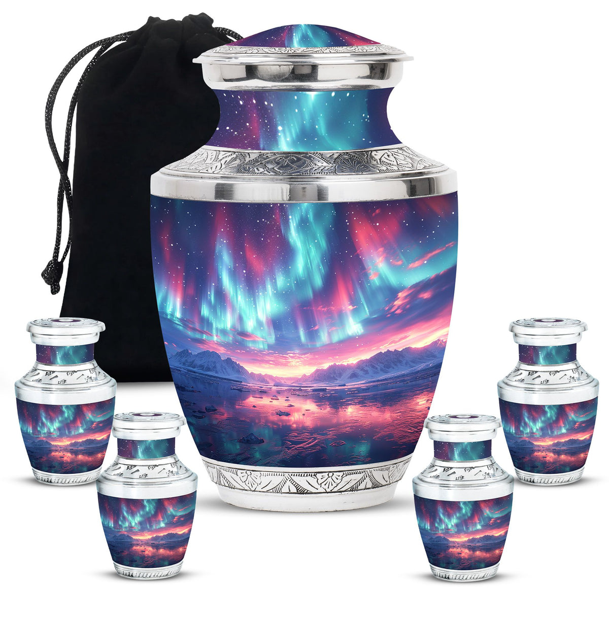 Aurora Borealis Urn for Human Ashes, over Sunset Mountains and Water, Cremation Urn