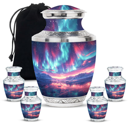 Aurora Borealis Urn for Human Ashes, over Sunset Mountains and Water, Cremation Urn