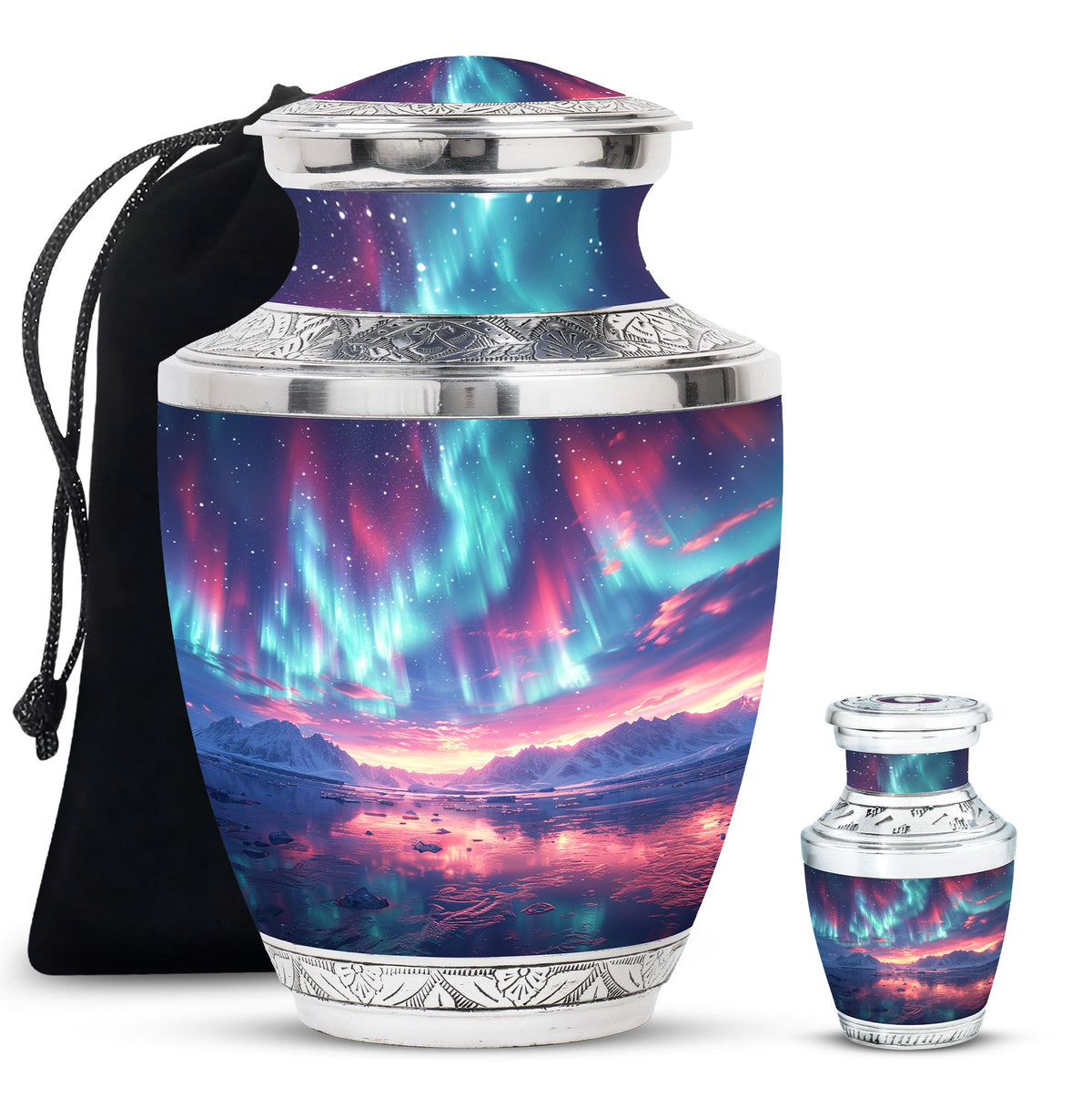 Aurora Borealis Urn for Human Ashes, over Sunset Mountains and Water, Cremation Urn