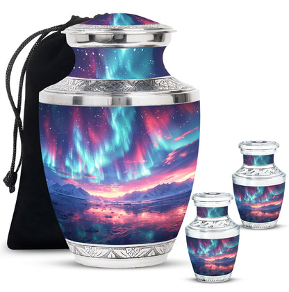 Aurora Borealis Urn for Human Ashes, over Sunset Mountains and Water, Cremation Urn