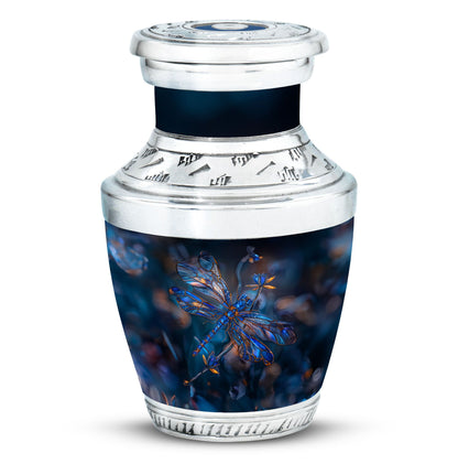 Dragonfly Urn for Ashes, Detailed Blue Orange Among Blurred Foliage, Dark Blue Urn