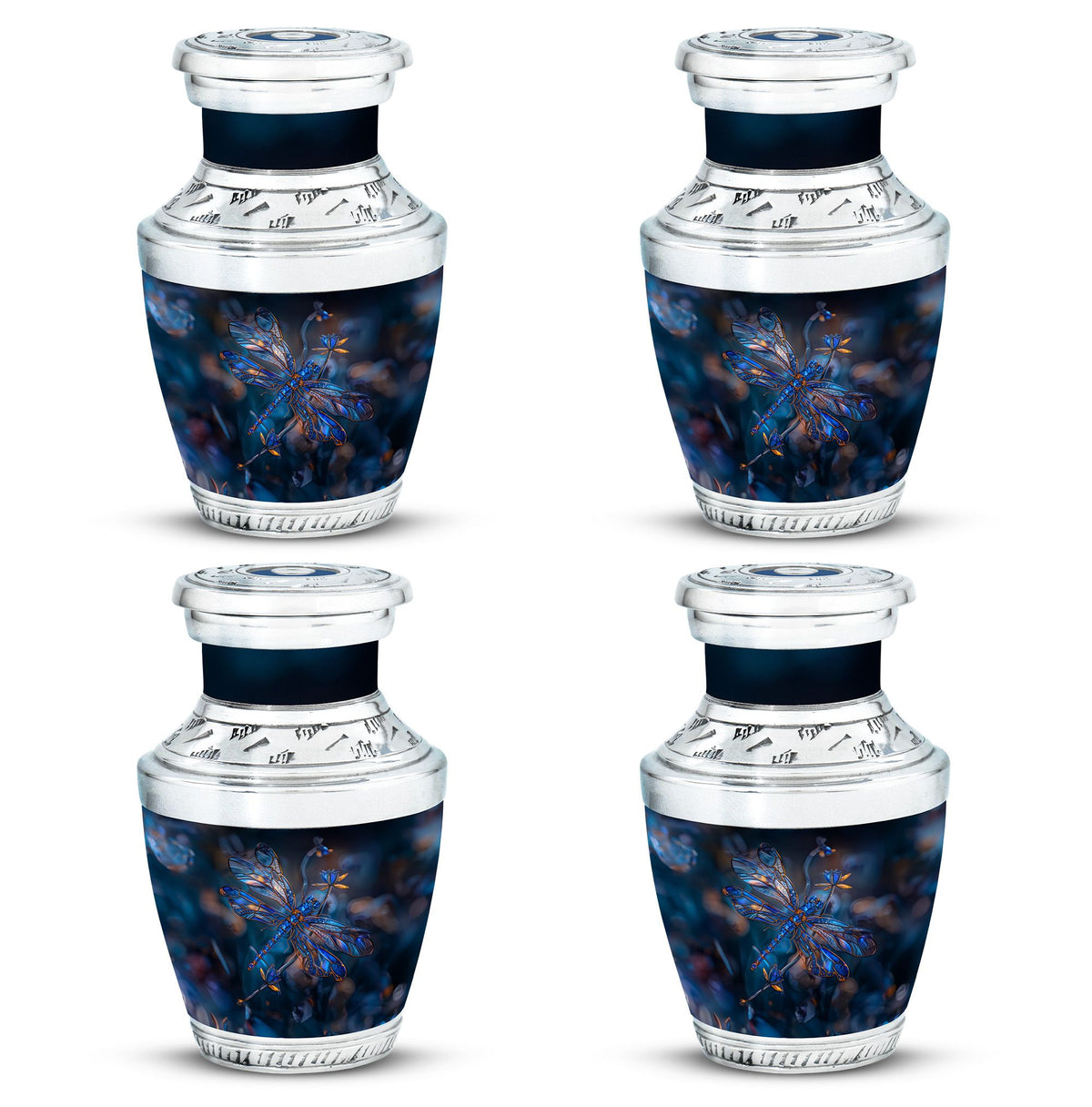 Dragonfly Urn for Ashes, Detailed Blue Orange Among Blurred Foliage, Dark Blue Urn