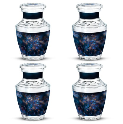 Dragonfly Urn for Ashes, Detailed Blue Orange Among Blurred Foliage, Dark Blue Urn