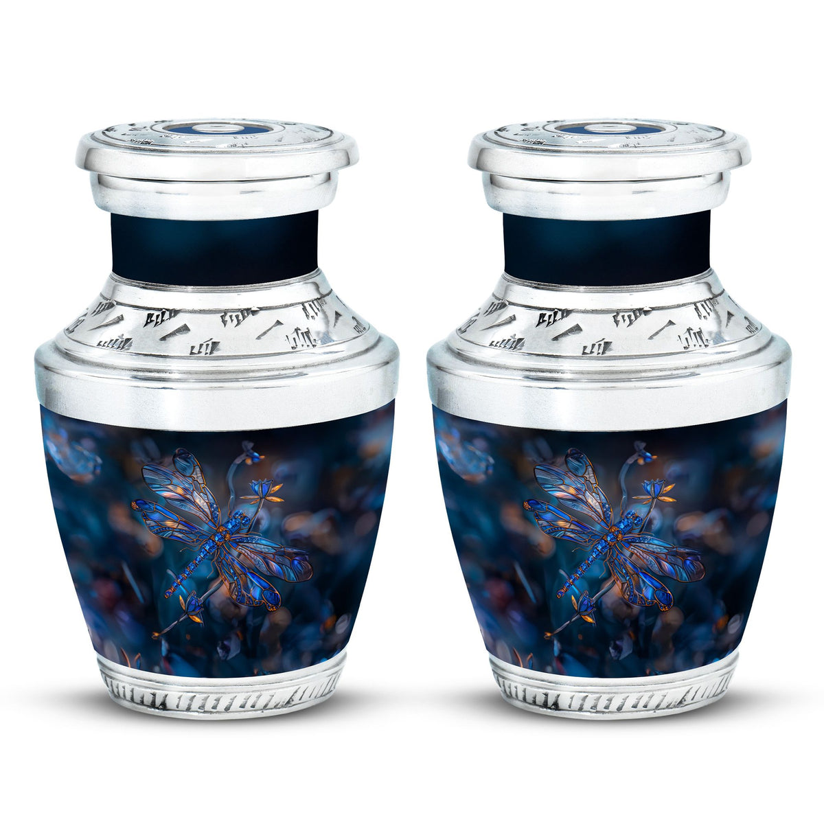 Dragonfly Urn for Ashes, Detailed Blue Orange Among Blurred Foliage, Dark Blue Urn