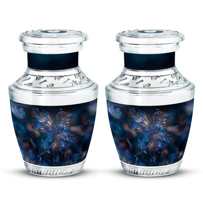 Dragonfly Urn for Ashes, Detailed Blue Orange Among Blurred Foliage, Dark Blue Urn