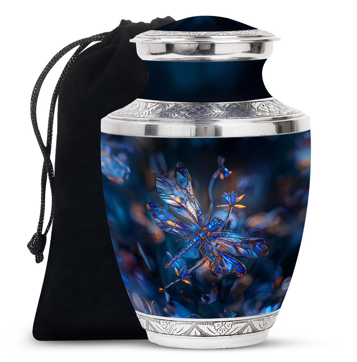 Dragonfly Urn for Ashes, Detailed Blue Orange Among Blurred Foliage, Dark Blue Urn