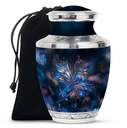 Dragonfly Urn for Ashes, Detailed Blue Orange Among Blurred Foliage, Dark Blue Urn