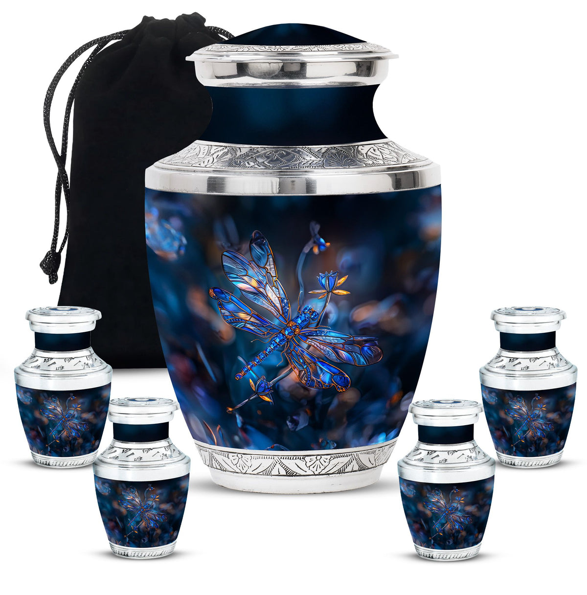 Dragonfly Urn for Ashes, Detailed Blue Orange Among Blurred Foliage, Dark Blue Urn