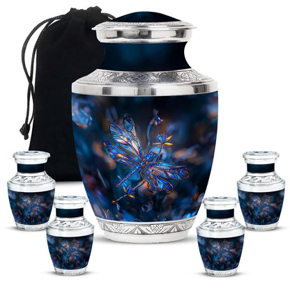 Dragonfly Urn for Ashes, Detailed Blue Orange Among Blurred Foliage, Dark Blue Urn