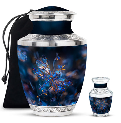 Dragonfly Urn for Ashes, Detailed Blue Orange Among Blurred Foliage, Dark Blue Urn