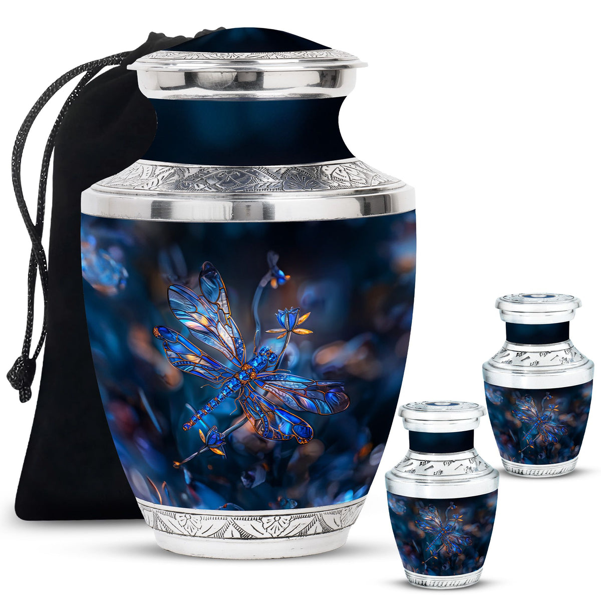 Dragonfly Urn for Ashes, Detailed Blue Orange Among Blurred Foliage, Dark Blue Urn