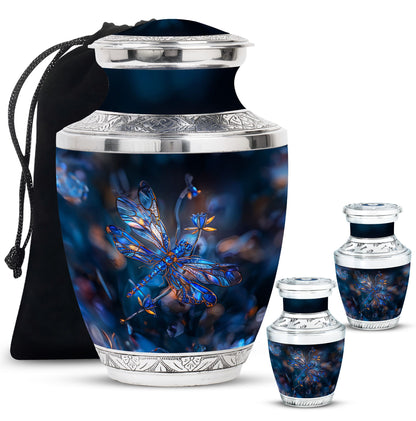 Dragonfly Urn for Ashes, Detailed Blue Orange Among Blurred Foliage, Dark Blue Urn