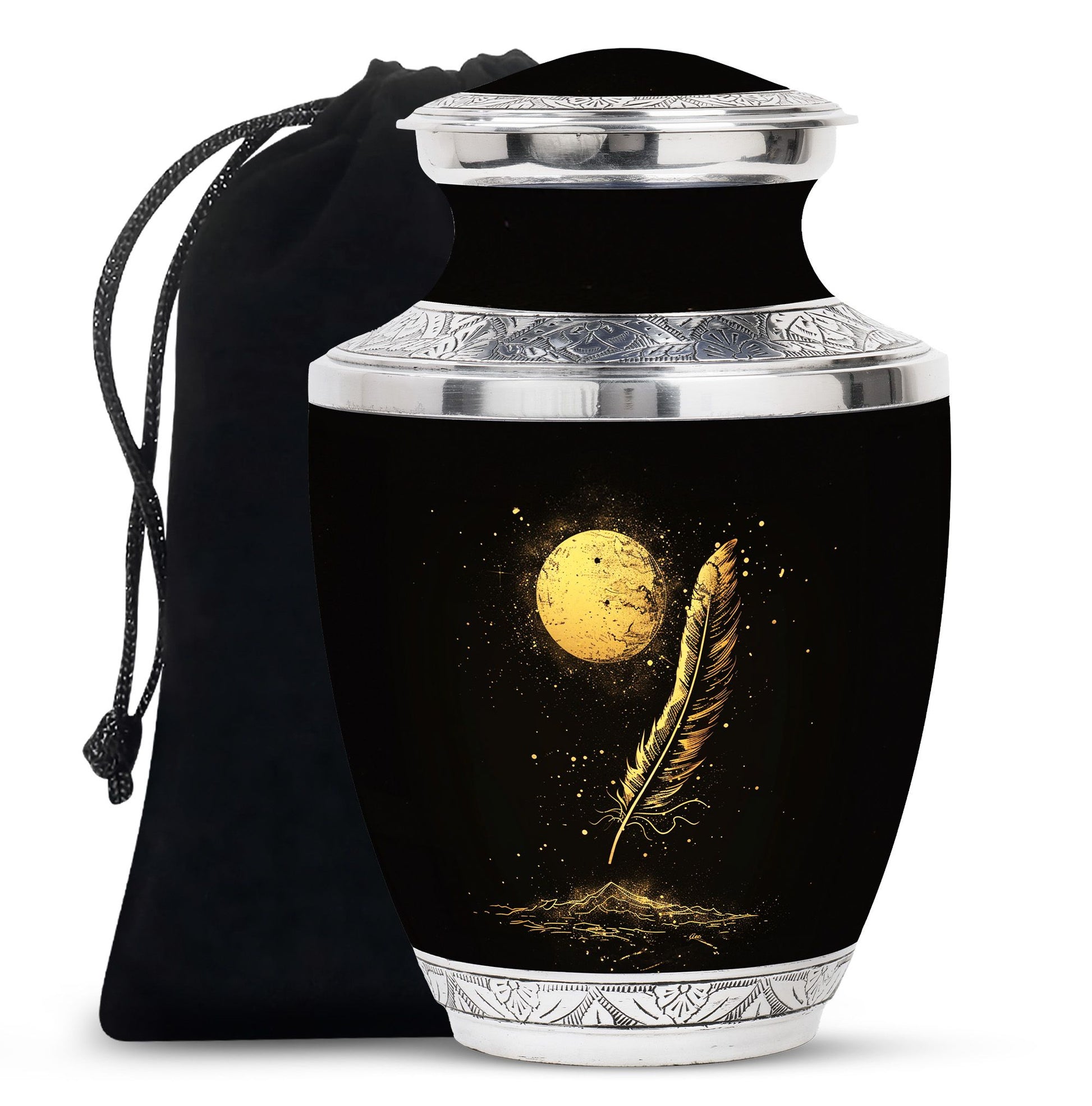 Black Moon Feather Decorative Urns - Cremation Urns For Human Ashes