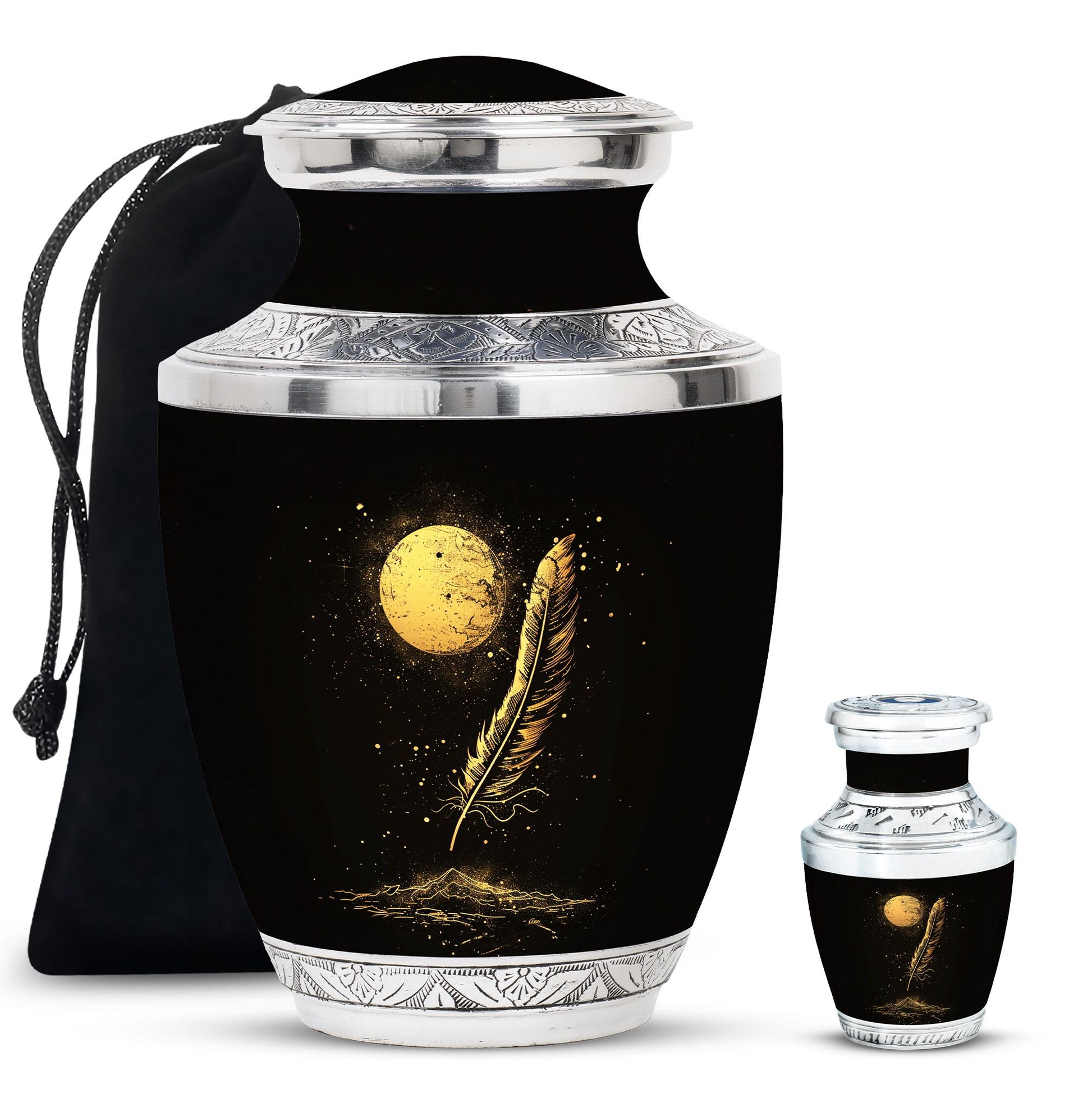 Black Moon Feather Decorative Urns - Cremation Urns For Human Ashes