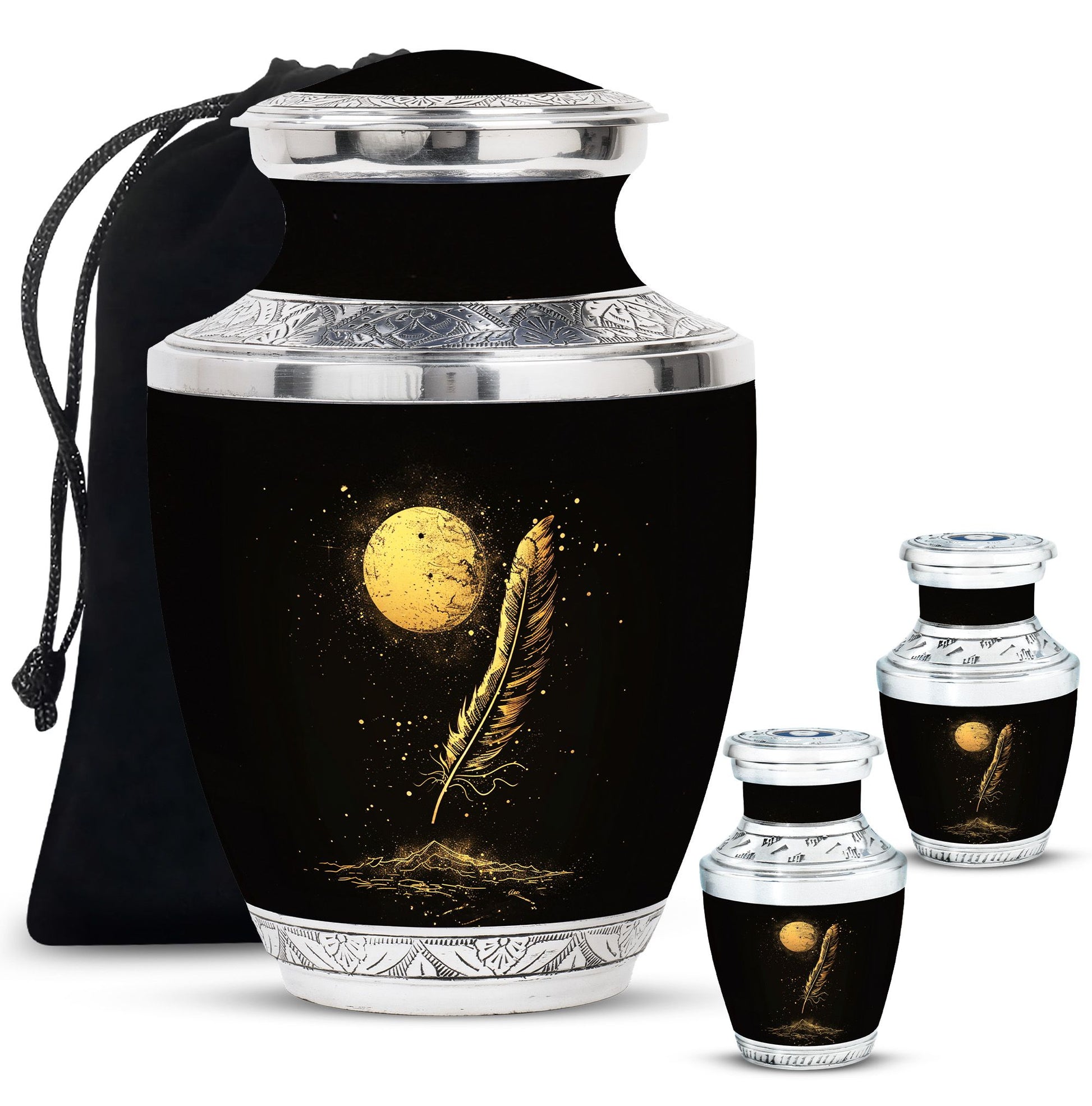 Black Moon Feather Decorative Urns - Cremation Urns For Human Ashes
