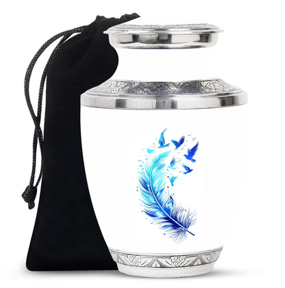 Blue Personalized Feather Cremation Urn for Women - 10-inch, 200 cu in - Yatskia